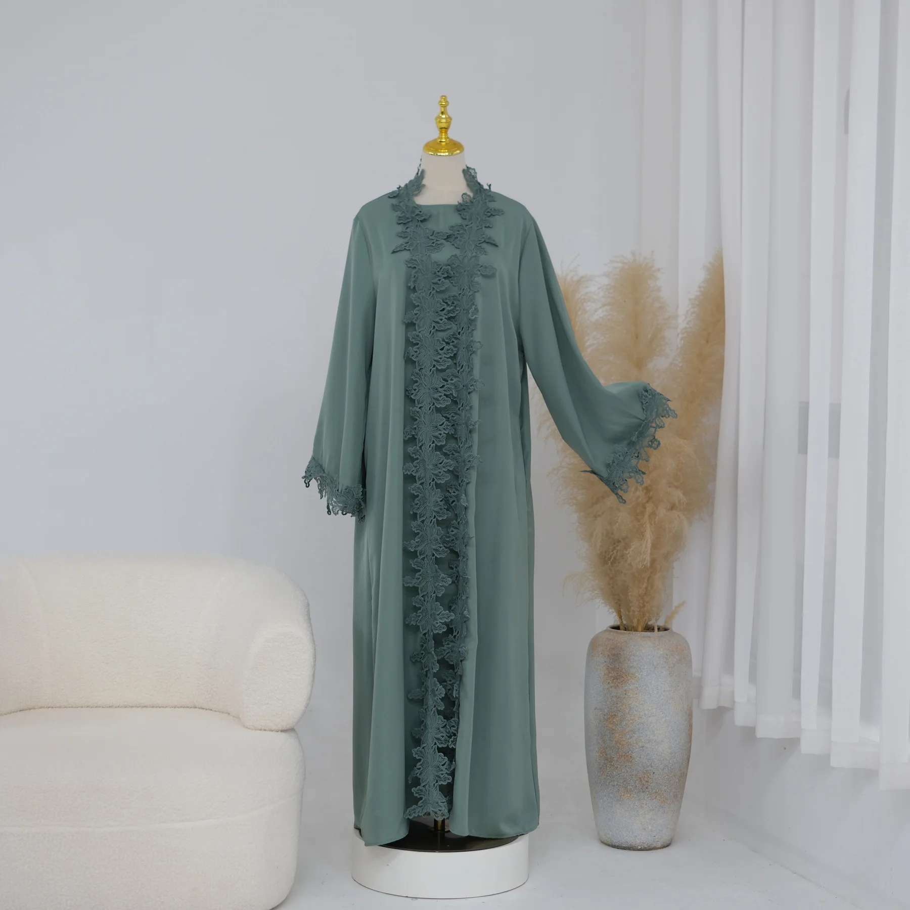 Zahraa New Abaya Nida Flower Lace Trim Abaya Isalmic Clothing Abaya Women Muslim Dress Dubai Abaya and Inner Dress 2 Piece Set 3