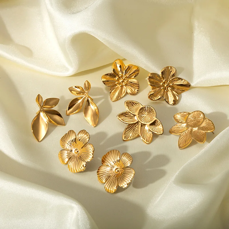 Keen-on Fashion Stainless Steel Metal Flower Stud Earrings Hot Style Waterproof Texture Trendy Jewelry 18K Gold Color Plated 4
