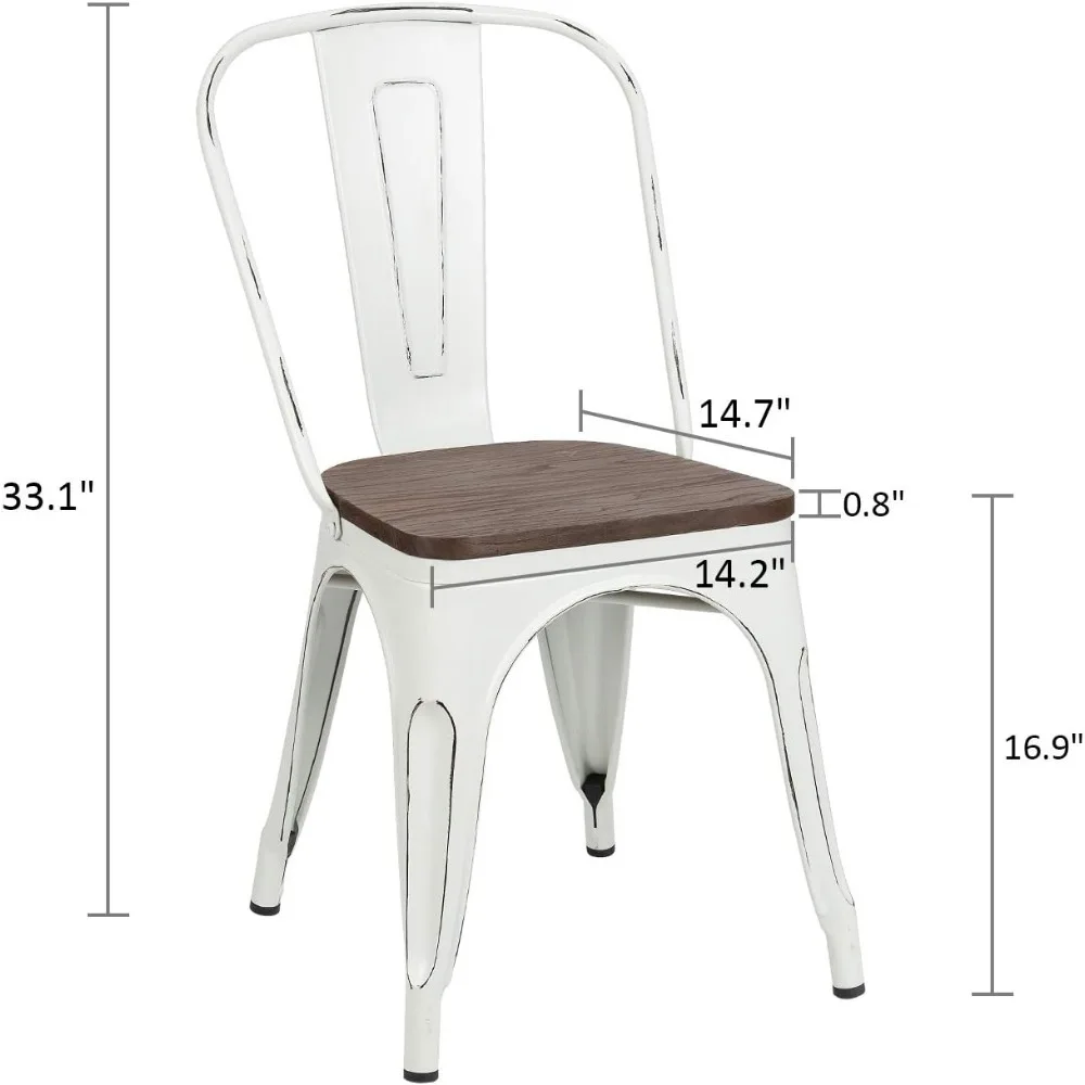 Metal Dining Chairs with Wood Seat, Indoor Outdoor Use Stackable Tolix Industrial Metal Chairs Set of 4 for Kitchen