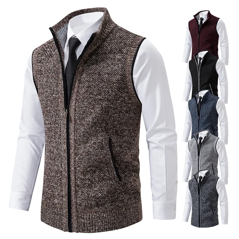 Men Sweater Vests Mens Knitted Vest Vest Men Knitted Sleeveless Sweater Jacket Wool Velvet Zipper Cardigan Turn-down Pullovers Turtleneck Sweatercoat Knit Waistcoat