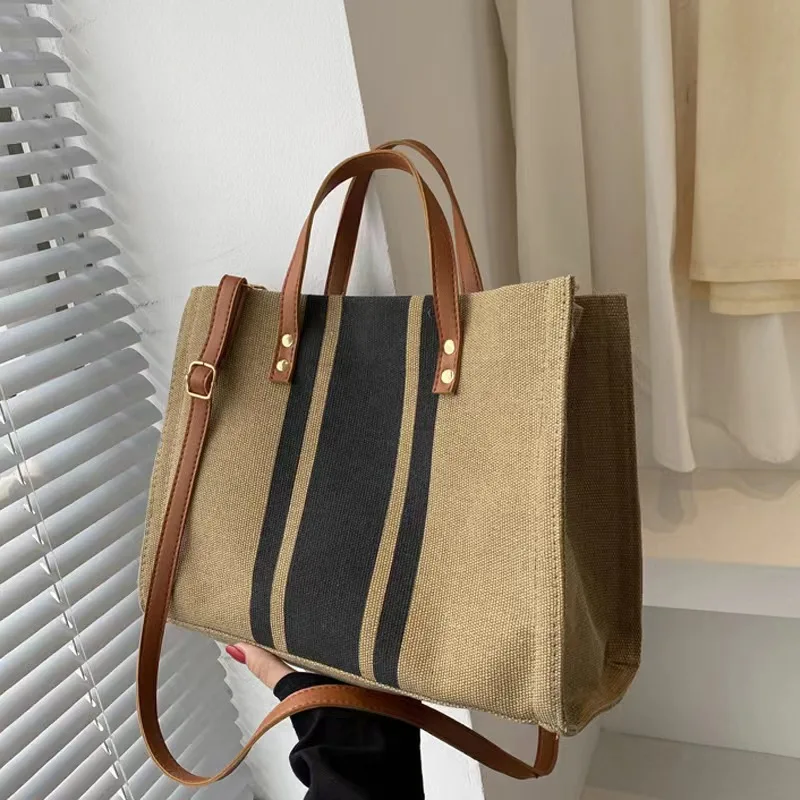 

Simple stripe single shoulder big bag new diagonal tote bag canvas bag European and American fashion portable big bag