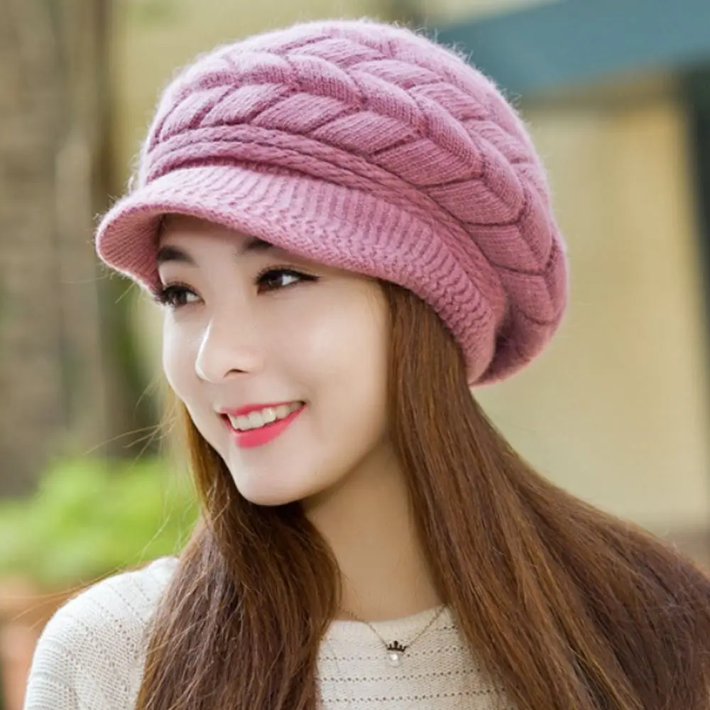 Casual Thickened Knitted Wool Hat Wool Keep Warm Duck Tongue Cap Windproof Ear Protection Beret Hat for Women