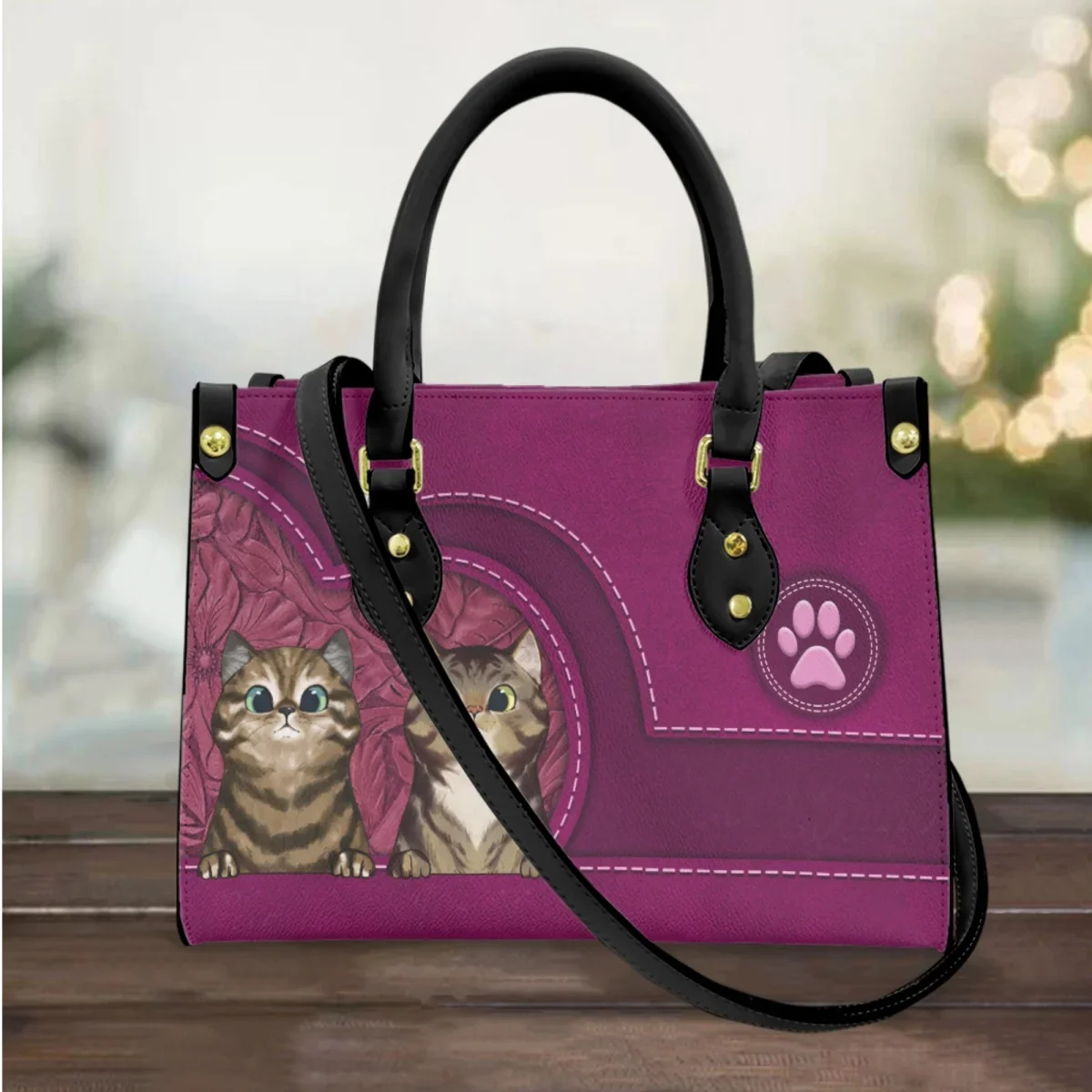 Cartoon Cat Mysterious Purple Brand Design Handbag Retro Ladies Top Handle Leather Shoulder Bag Outdoor Commuter Office Clutch