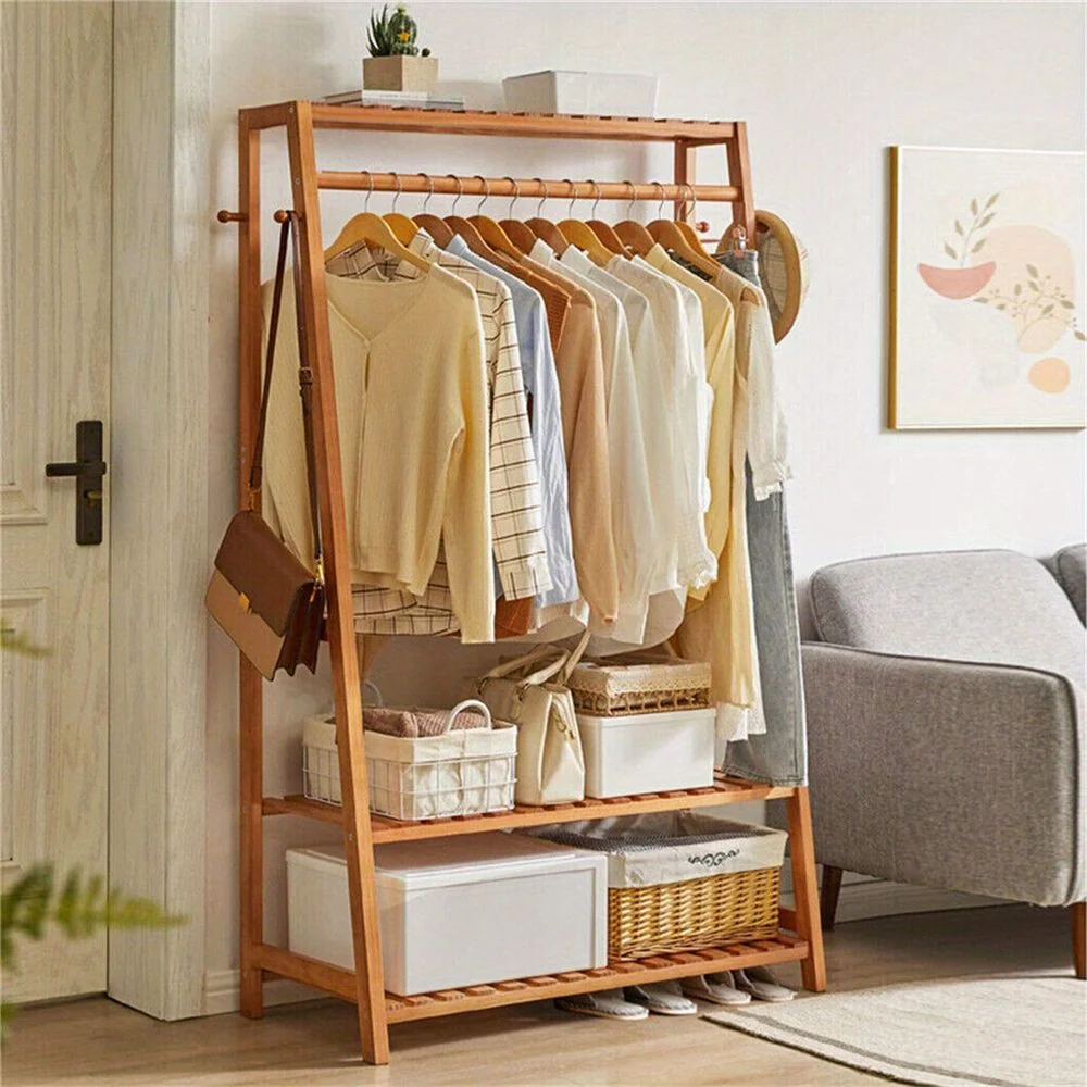 Bamboo Clothes Hanging Garment Rack Heavy Duty Laundry Rack Cloest Storage Shelf 4