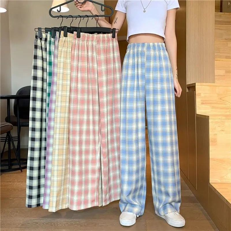 

Vintage Plaid Thin Pants Women Spring Wide Leg Straight Pant Harajuku Baggy Sweatpants Joggers Korean Casual Hip Hop Trousers