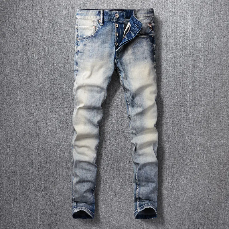 Włoski Styl Modne Dżinsy Męskie Światło Retro Niebieskie Gładkie Elastyczne Dopasowane Porwane Jeansy Męskie Spodnie W Stylu Vintage Z Guzikami