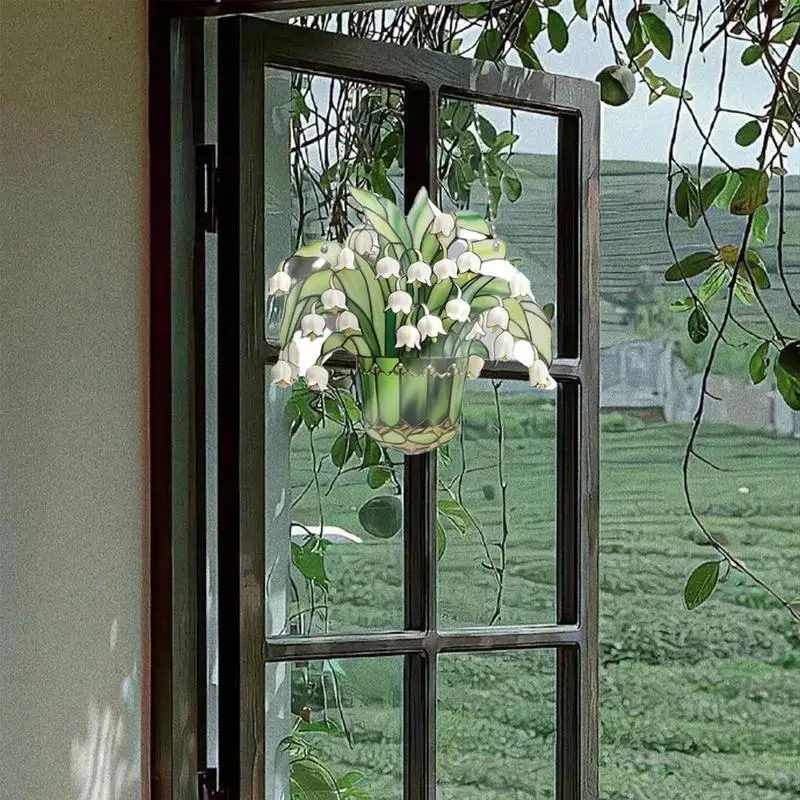 Green Plant Artificial Decor Stained Glass Lily of Valley Window Hanging ornaments sun Catchers holiday Gift For Plant Lover 5