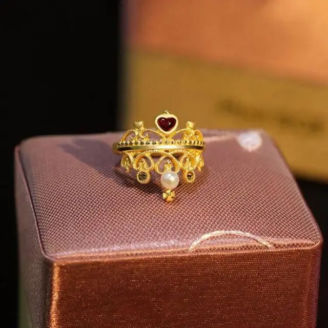 Byzantium Style Vintage Gold Pearl Ruby Garnet Ajustable Crown 