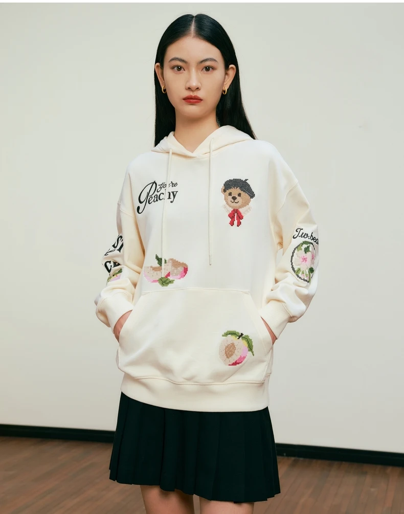

spring bear embroidery 100% cotton sweatshirt white color casual loose hoodies preppy hooded tops 15-25 years old