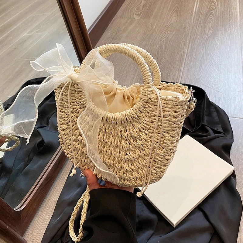 Straw Bag Women Hand-Woven Handbag Moon Shape Lace Bow Rattan Bag Big Capacity Drawstring Casual Beach Shoulder Crossbody Bag