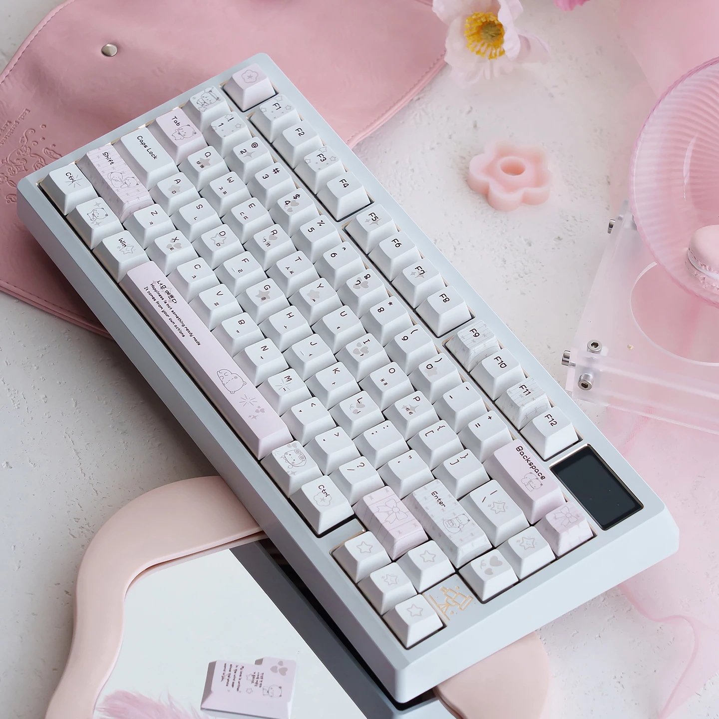 Adorable White & Pink Bubu-Bear Korean Hangul Cherry Profile PBT Keycaps for Custom Mechanical Keyboards