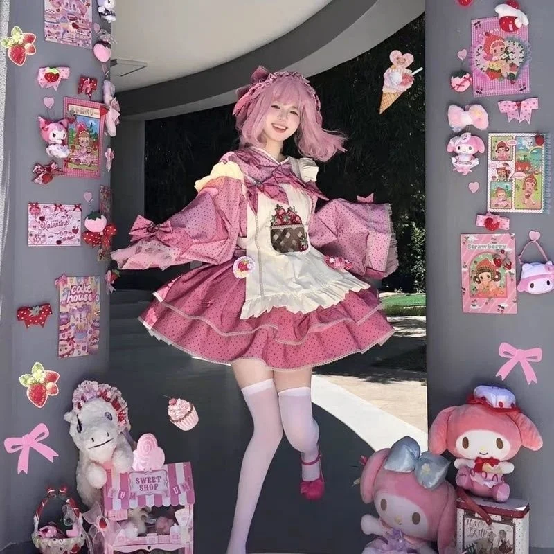 

Sweet Girl Pink Lolita Dress Bathrobe Collection Lolita Dresses And Wind Strawberry Set With Apron Head Flower Full Set