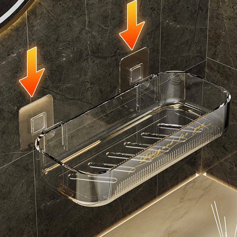 Wall Mounted Shower Shampoo Racks Bathroom Shelf Organizer Non-Drilling Removable Transparent Pet Material Bathroom Storage Rack 3