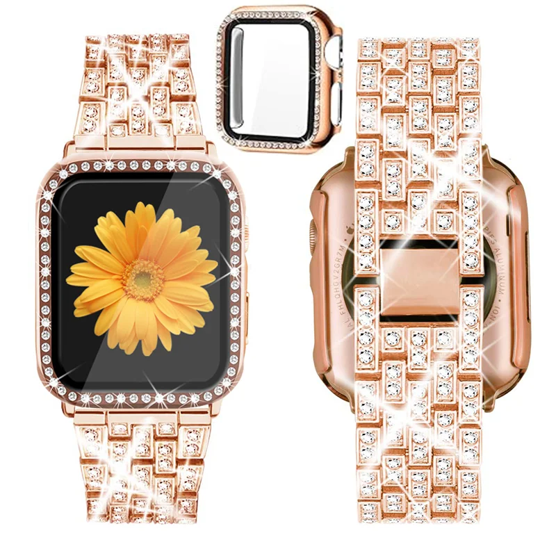 Elegant Diamond-Encrusted Watch Band with Protective Cover & Screen Protector