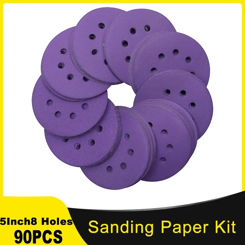 Sandpaper Set 90 Pcs 5 Inch 8 Holes Hook & Loop 60-800 Grit