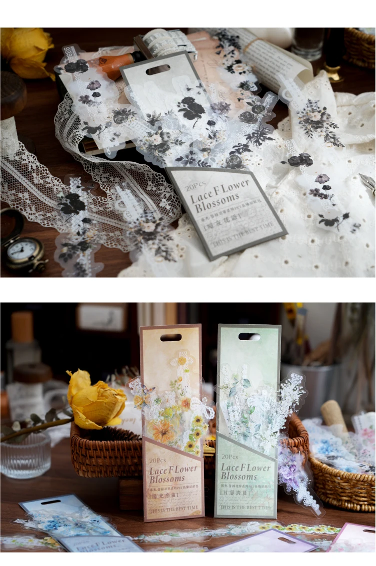 Yoofun 20 teile/los Spitze Korridor Vintage Blumen streifen Material Dekor Haustier Aufkleber kreative DIY Journal Collage Briefpapier Etiketten – Detail 6