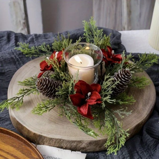 Gorgeous Holiday Candle Holder with Stunning Floral Wreath Perfect for Christmas Decorations and Table Centerpieces
