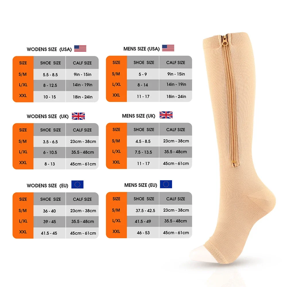 1Pair Zipper Compression Socks for Women & Men, Sturdy Zippered Stocking to Improves Blood Circulation, Relieves Pain & Swelling