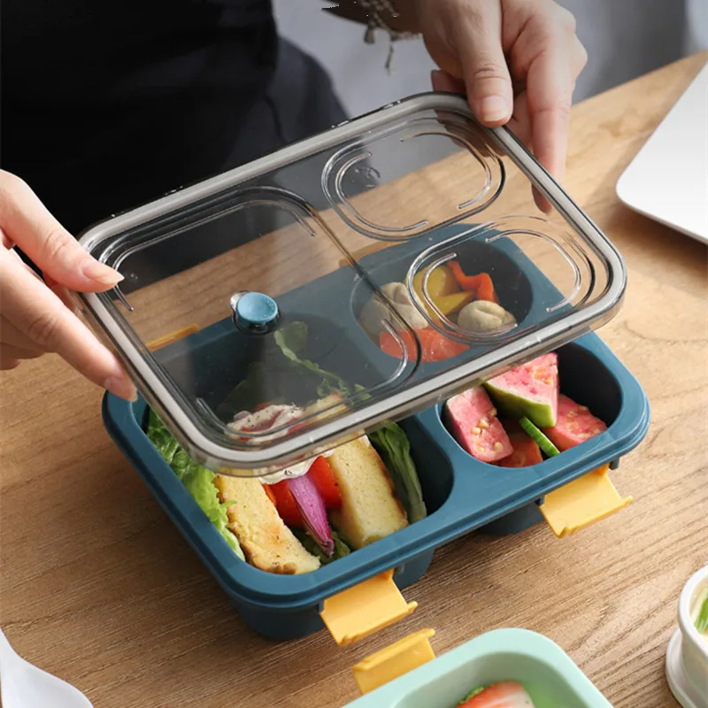 1set 800ml Three Grids Plastic Lunch Box With Bag And Utensils