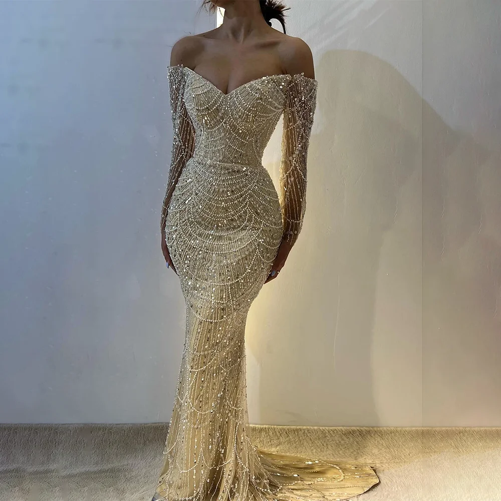 

Luxury Sequined Beads Pearls Evening Dresses Champagne Elegant V-Neck Sweep Train Mermaid Party Gowns Exquisite Prom Dresses