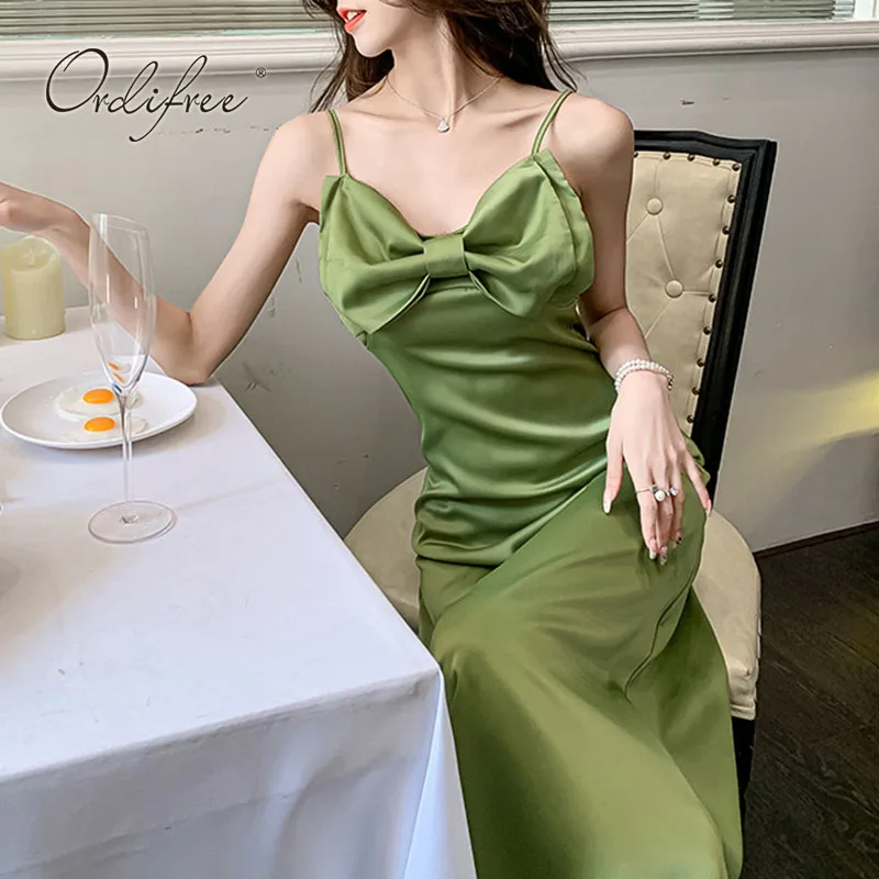 

Ordifree 2022 Summer Vintage Women Sexy Party Dress Spaghetti Strap Sexy Bow Black Green Satin Slip Dress