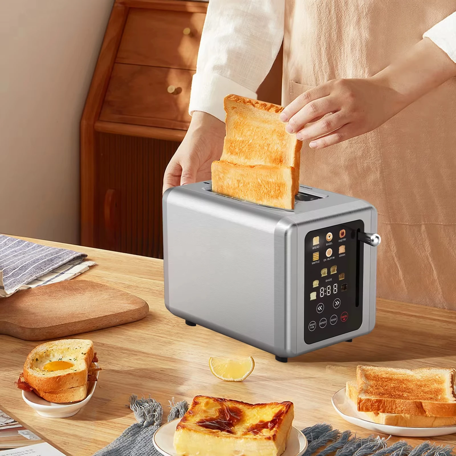 Six-in-One Intelligent Touch Screen Breakfast Machine Multifunction 2-Slice Sandwich Maker Home Use Toaster Waffle Maker USB