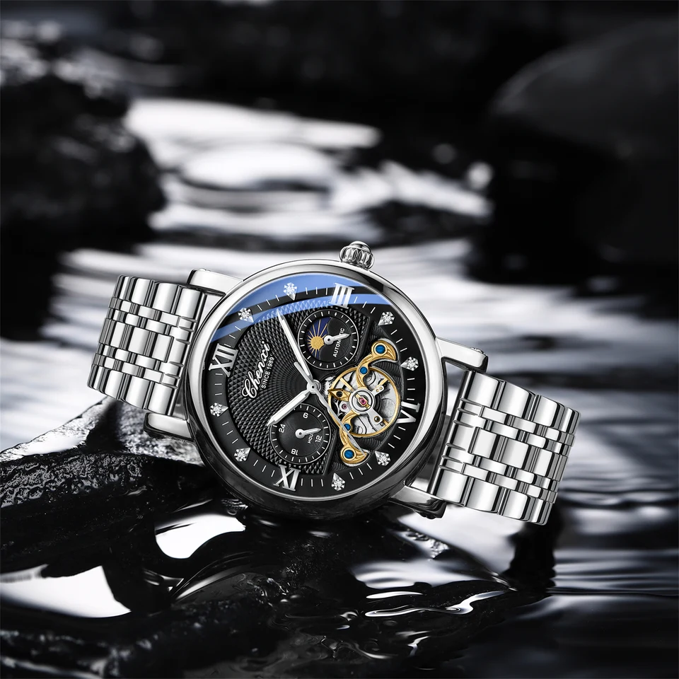 Orologio sportivo da uomo Stile meccanico Simulazione Tourbillon Calendario Orologio impermeabile in acciaio inossidabile Orologi da polso al quarzo da uomo neri  1511
