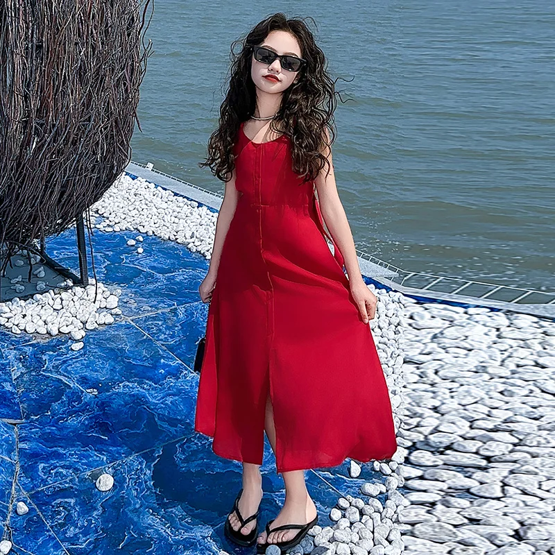 New vacation style junior girls long vest dress teenage kids Red hollow back strap sleeveless formal maxi dresses child clothes - Image 2