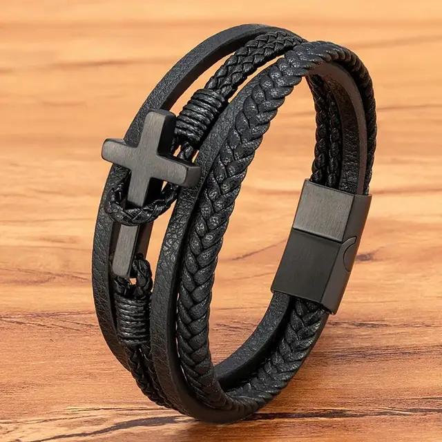 Cross Men's Leather Magnet Clasp Bracelet