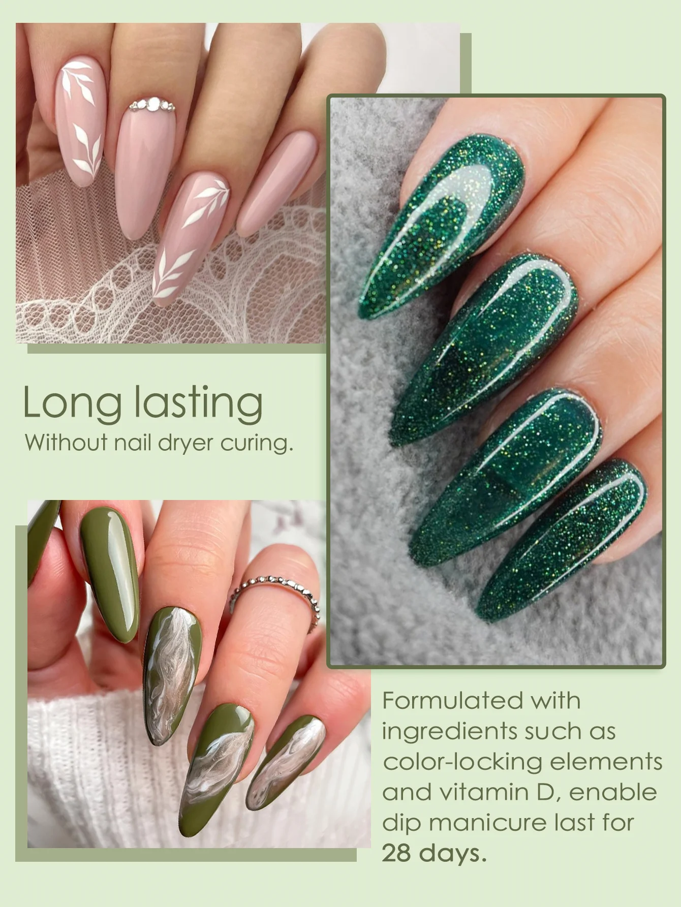 6pcs 10g Nude Green Dip Powder Nail Kit Fast Air Dry Solid Dipping Powder for Starter Manicure Nail Art Design Women Gifts 3
