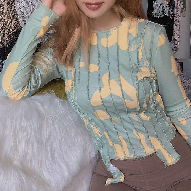 

Long Sleeve All-Match Slim Streetwear Green Tees Women O Neck Patchwork Striped Print T Shirt 2023 Fall Fashion Lady Outfits New
