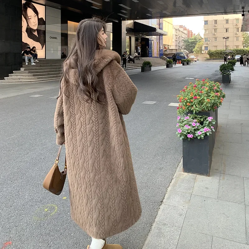  2025 Winter New Thick Women's Long Imitation Mink Plush Cardigan With Integrated Fur Eco-Friendly Hooded Fur Coat Solid Color