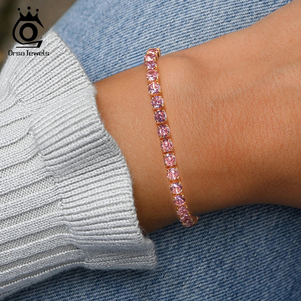 

ORSA JEWELS Shiny Pink Zircon Tennis Bracelet 925 Sterling Silver 4mm AAAA CZ Adjustable Bracelet for Women Party Jewelry SB193