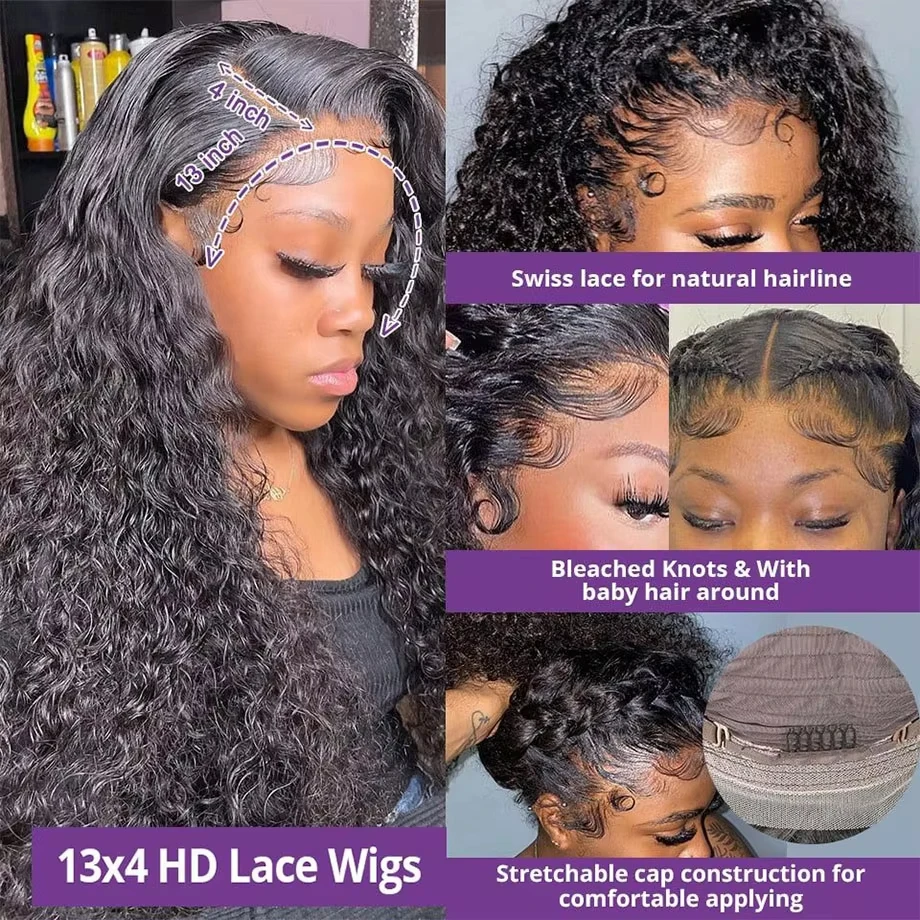 13x4 Hd Lace Frontal Wig 13x6 Curly Human Hair Wigs Water Wave Human Hair Wig 30 40 Inch Loose Deep Wave Brazilian Choice Black - Image 3