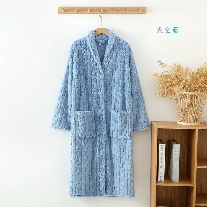 New Autumn/Winter Women's Bathrobe Flannel Thickened Warm Buckle Long Dress Solid Color Nightgown Home Fur Ladies