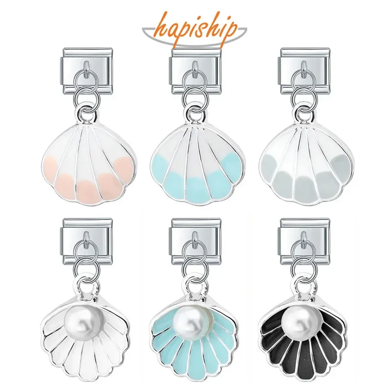 Hapiship, moda Popular, esmalte de Color dulce, aleación de concha, eslabones aptos para pulsera de 9mm, joyería de acero inoxidable, fabricación DIY DJ415