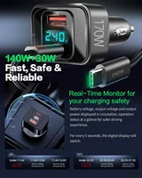 170W PD3.1 Car Charger, 140W + 30W Dual-Port Fast Charging Adapter with USB Cable, Smart Digital Voltage/Power 3