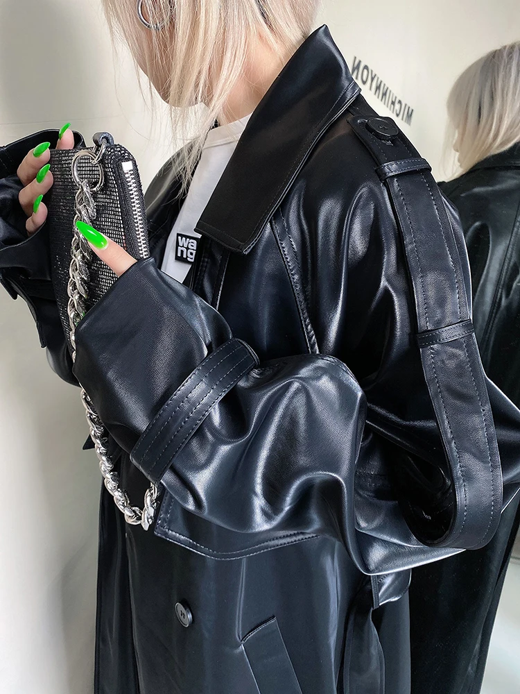 ADAgril Black Leather Trench Coat Women Retro Biker Long Windbreak Jackets Loose Korean Style Fashion Autumn Winter Clothes New