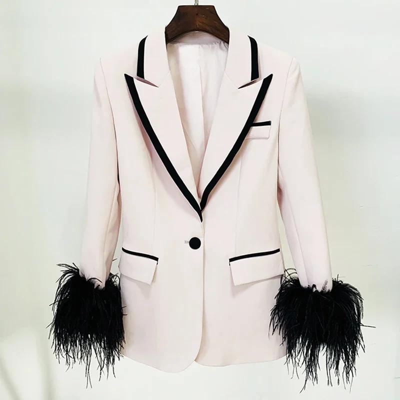 HIGH STREET Newest 2023 Designer Women's Color Block Stylish Feather Embellished Petal Sleeve Hidden Breasted Long Blazer Coat