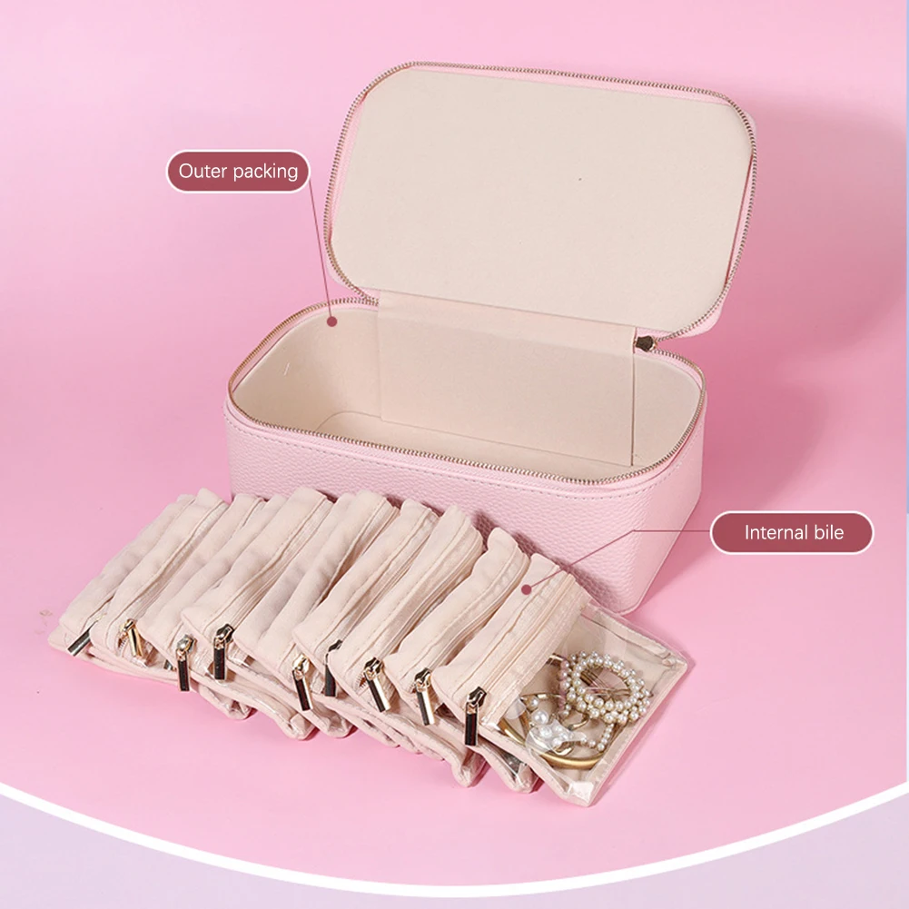 PU Leather Jewelry Storage Box with 12 Pouches Travel Necklace Earrings Ring Jewelry Zipper Organizer Display Case Dustproof