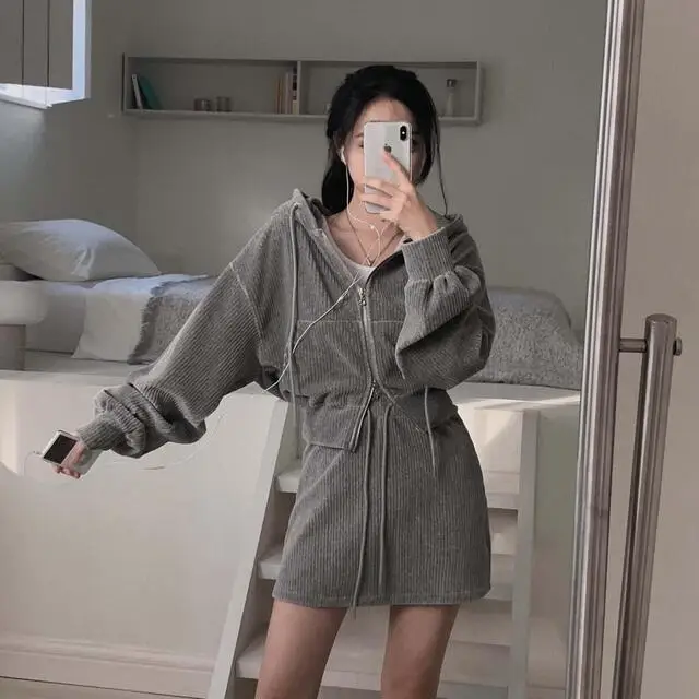 Korean CHic Corduroy Two-piece Skirt Sets Women Hoodie Crop Top Coats Bodycon Mini Skirt Autumn Winter New Outfits Casual Suit
