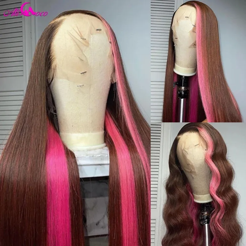 

HD Lace Brown Pink 13x4 Straight Lace Frontal Wig For Women Pink Hightlight Body Lace Front Human Hair Wigs Remy Wig Ali Coco