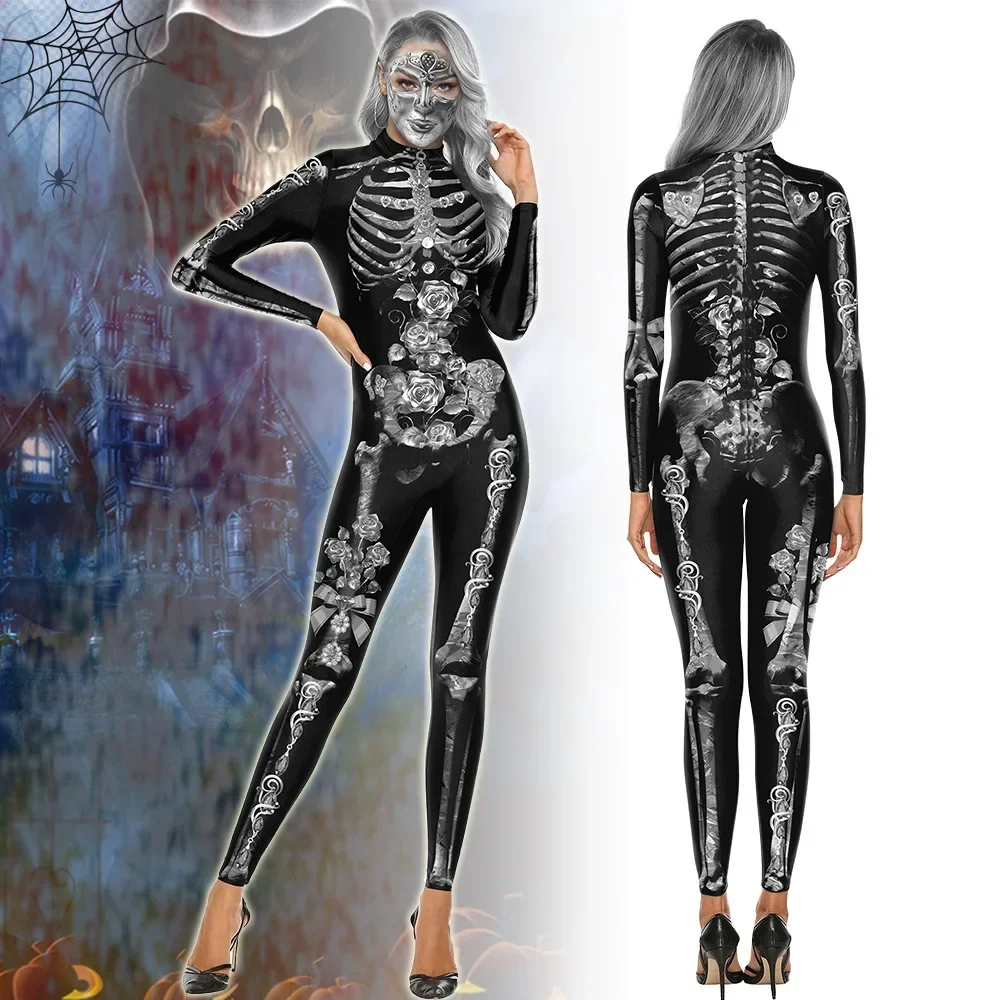 Halloween Skeleton 3D Print Performance Costume Men Women Horror Skeleton Tights Uniform Bodysuit Festival Cosplay Jumpsuit