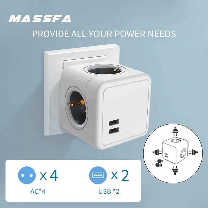 MASSFA 멀티 2 USB 멀티탭 전기 플러그 큐브 다중 익스텐션 소켓, 가정 사무실용 어댑터, EU 콘센트 4 개, 3680W