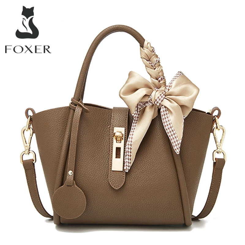 

FOXER Women Split Leather Retro Bucket Handbag Fashion Ladies Solid Scarf Composite Totes Female Commuter Shoulder Crossbody Bag