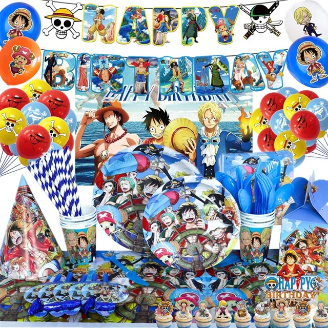 One Anime Piece Birthday Decorations，Luffy Zoro Birthday Party  Supplies-Include Birthday Banner Cake Toppers Balloons,Invitation Card,One  Piece Theme