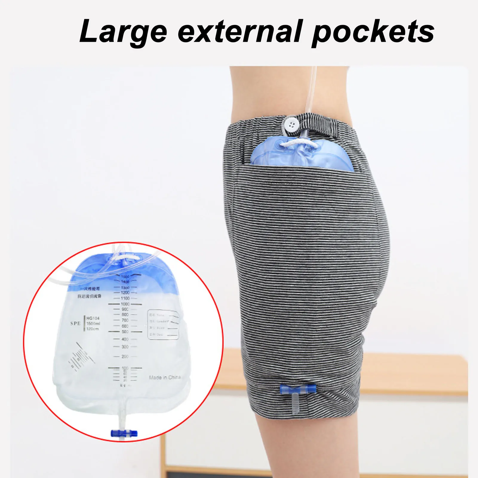 Incontinence Care Pants Breathable Catheter Underwear Double Pocket Fit 2000ml Bags Black White Stripes for Ostomy for Elderly 2