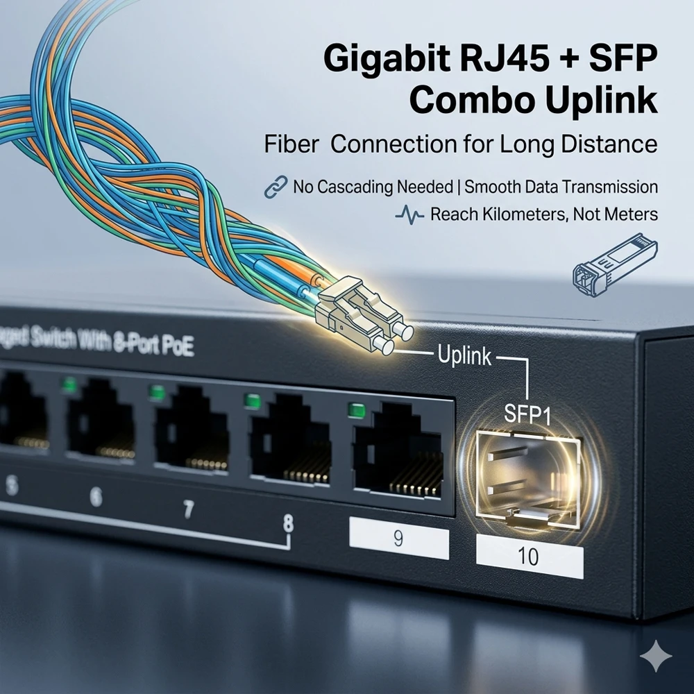 10포트 기가비트 PoE 스위치 120W 8 PoE+ 포트 1000Mbps SFP 업링크 250m 확장 VLAN 분리 6kV 서지 보호 (IP 카메라, AP용)
