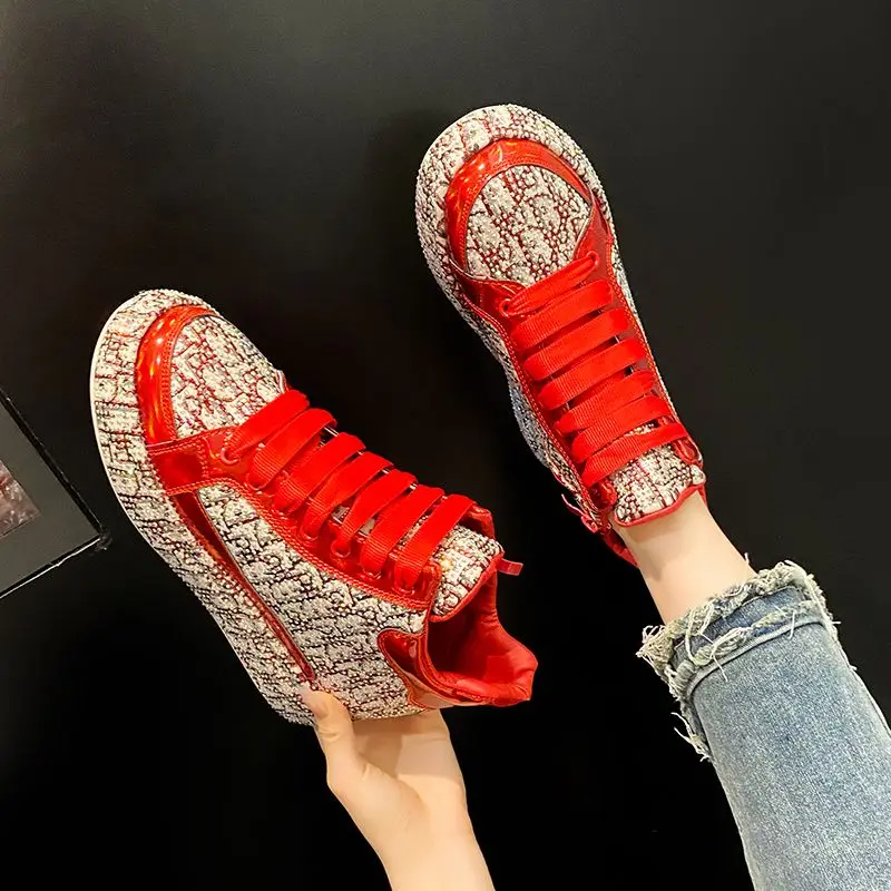 

Female Spring and Autumn Rhinestone High-top Sports Shoes Fashion Board Shoes Thick Soles High-top Casual Shoes Full of Diamonds