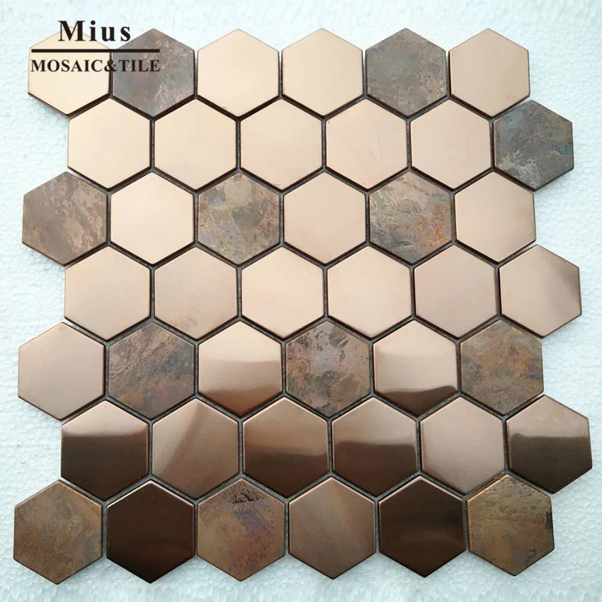 Hot sale Hexagenal rose gold metal brown copper mosaic wall tile bathroom tile mosaic